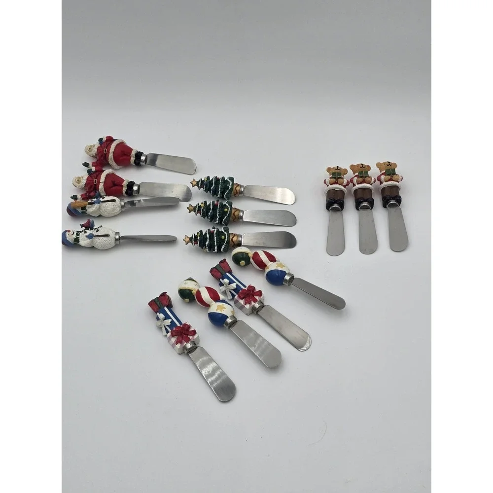 Lot Of 14 Cheese Spreaders Christmas Variety Stainless Steel  Resin Santa Bear